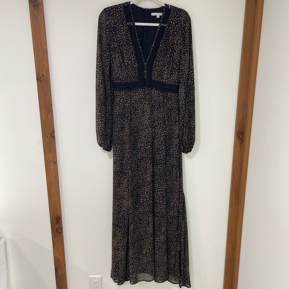 Baltic Born Chiffon Maxi Dress Womens Size M Black Brown Crochet | Boho Chic